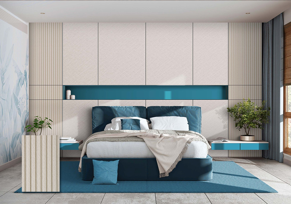 Modern bedroom interior featuring Surfex boards and flutes with a sleek, blue-accented design