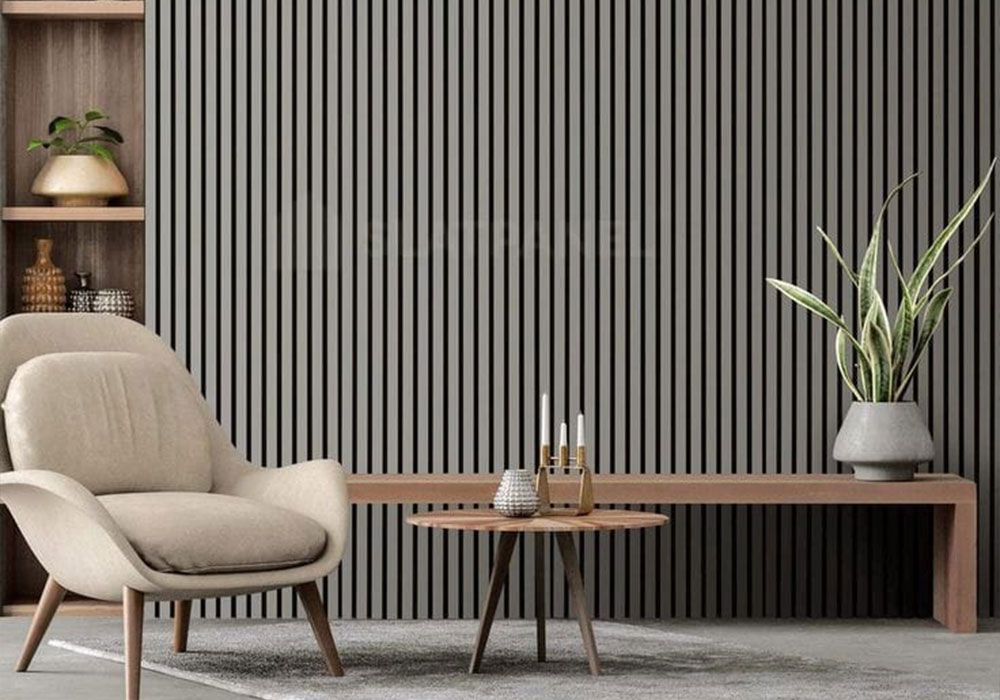 Minimalist living space with beige acoustic panels enhancing sound absorption and aesthetics