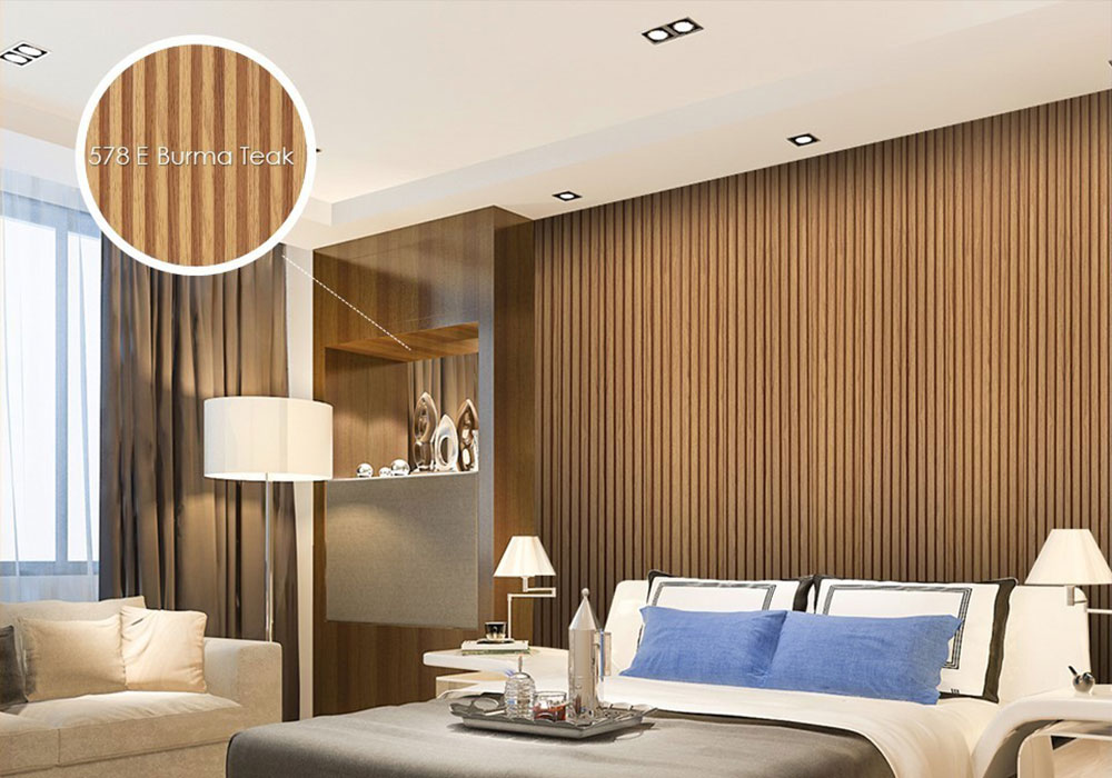 Elegant living room with MDF fluted panels on the wall, adding a warm and stylish wooden texture.